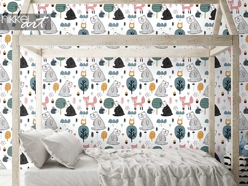 Wallpapers Semless woodland pattern with cute bear, hedgehog, owl, fox and hand drawn elements. Scandinaviann style childish texture for fabric, textile, apparel, nursery decoration