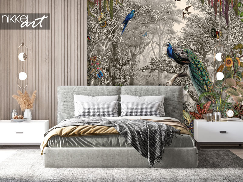 Wall murals wallpaper jungle and tropical forest banana palm and tropical birds peacock birds old drawing vintage