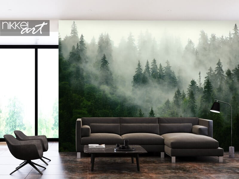 Wall murals Misty landscape with fir forest in hipster vintage retro style
