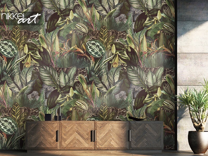 Wall murals Tropical pattern with clouded leopard and tropical flowers