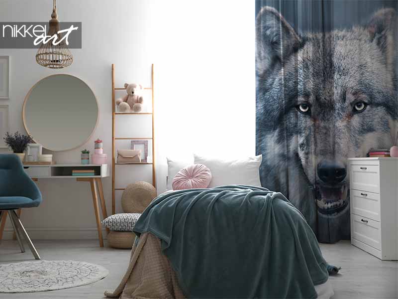Blackout curtains Scary dark gray wolf